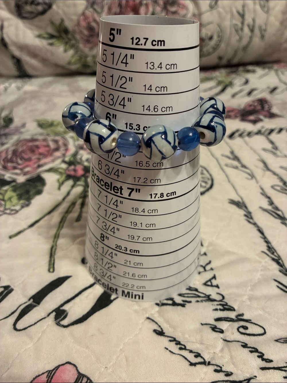 Blue & White Patterned Beaded Stretch Bracelet